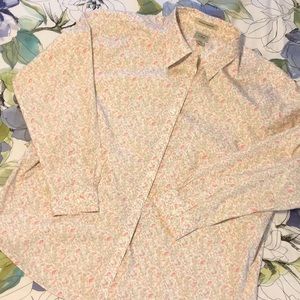 LL Bean button down blouse pink and peach flowered pattern